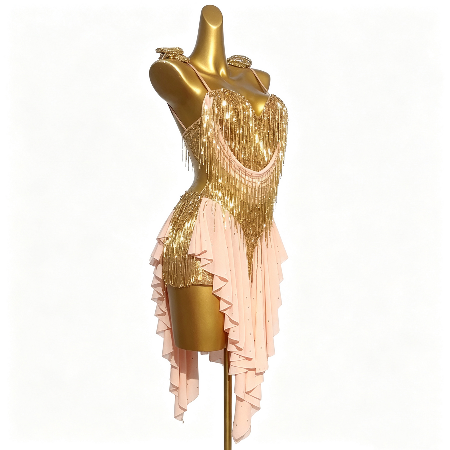 Custom Blush Pink Gold Fringe Latin Competition Dance Dress