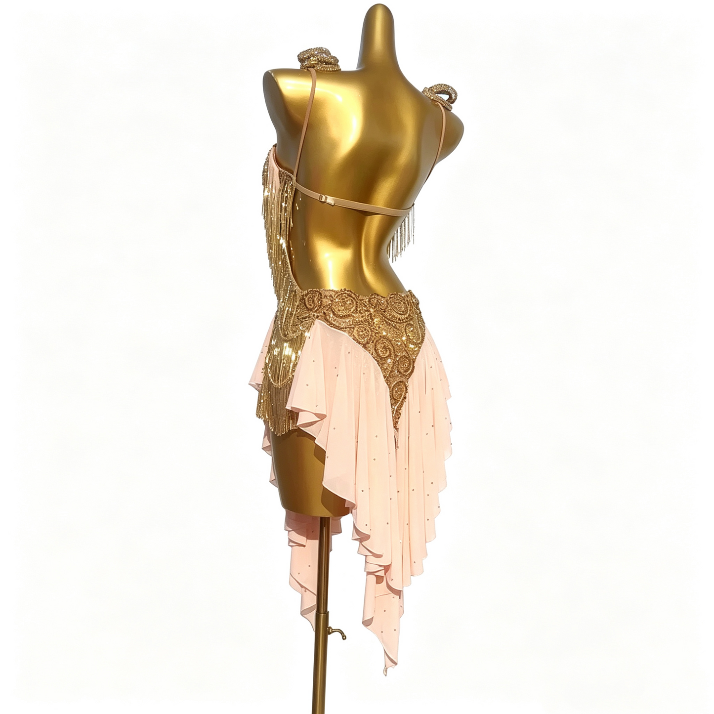 Custom Blush Pink Gold Fringe Latin Competition Dance Dress