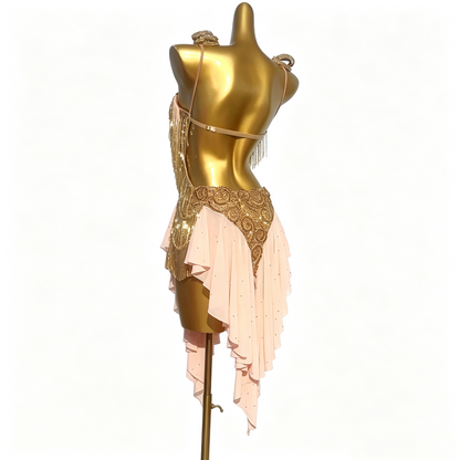 Custom Blush Pink Gold Fringe Latin Competition Dance Dress
