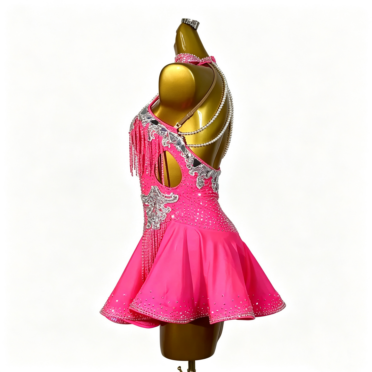 Custom Hot Pink Halter Rhinestone Fringe Latin Competition Costume