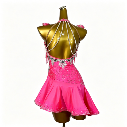 Custom Hot Pink Halter Rhinestone Fringe Latin Competition Costume