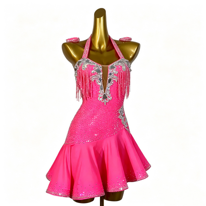 Custom Hot Pink Halter Rhinestone Fringe Latin Competition Costume
