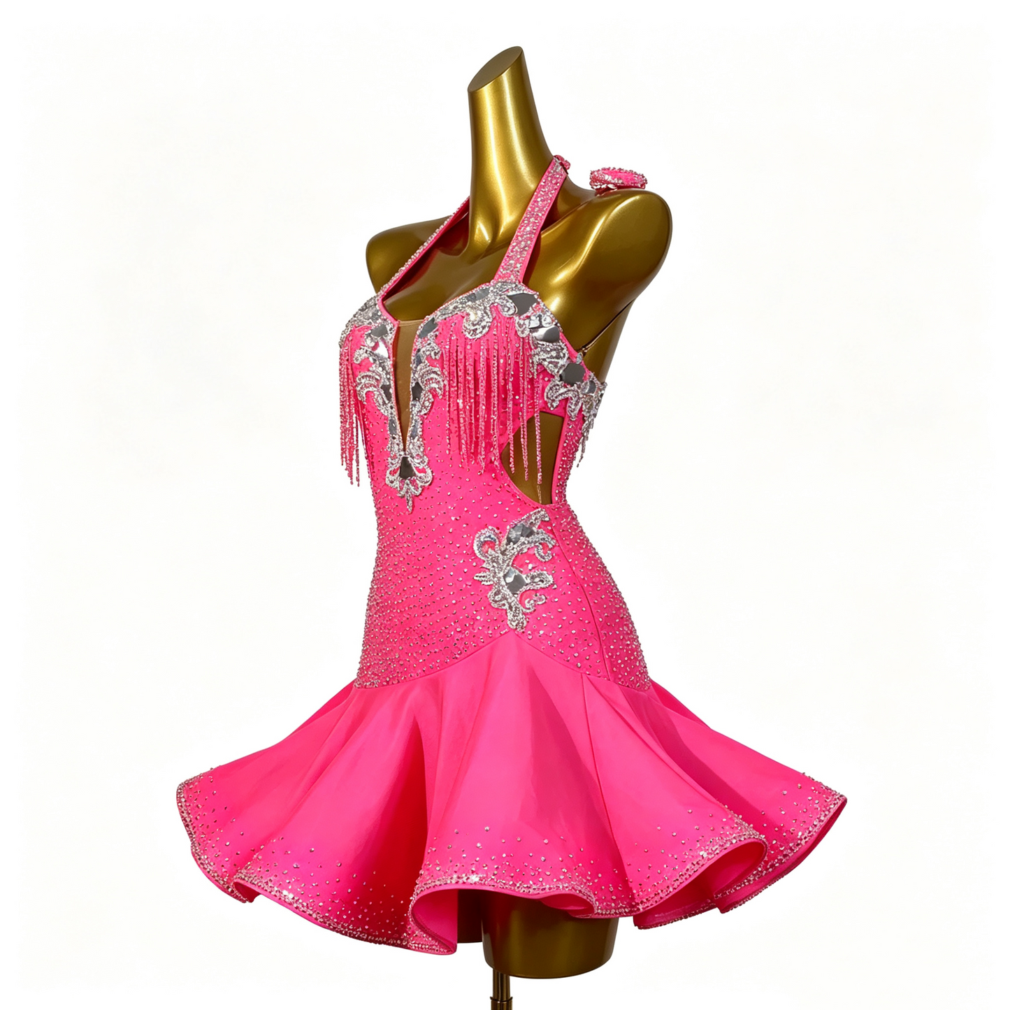 Custom Hot Pink Halter Rhinestone Fringe Latin Competition Costume