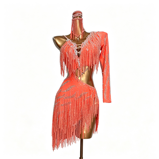 Custom Orange One Sleeve Fringe Cutout Latin Dance Competition Dress