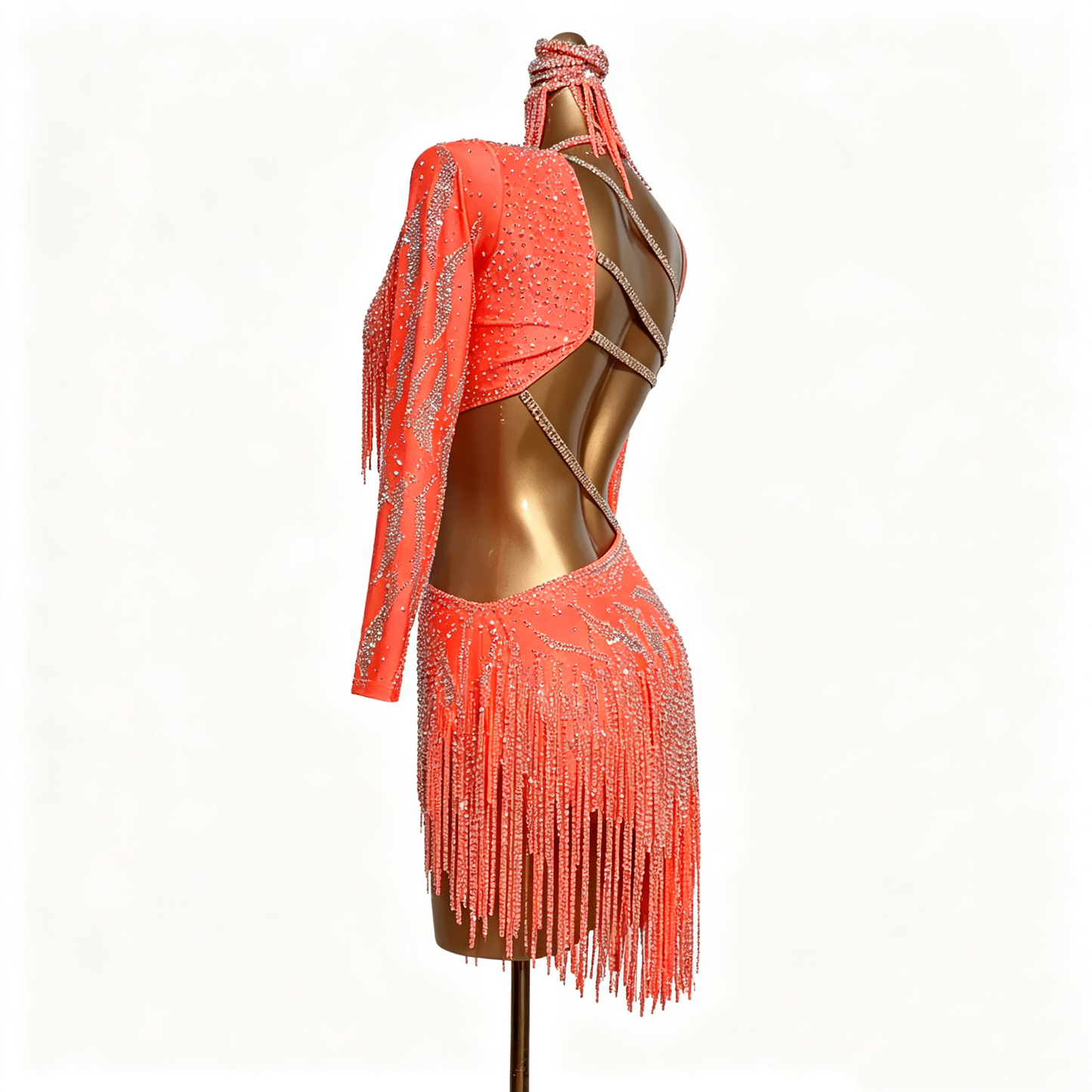 Custom Orange One Sleeve Fringe Cutout Latin Dance Competition Dress