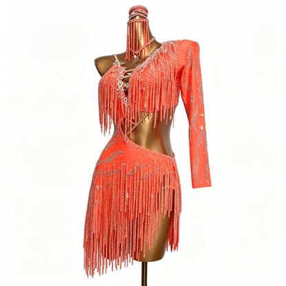Custom Orange One Sleeve Fringe Cutout Latin Dance Competition Dress