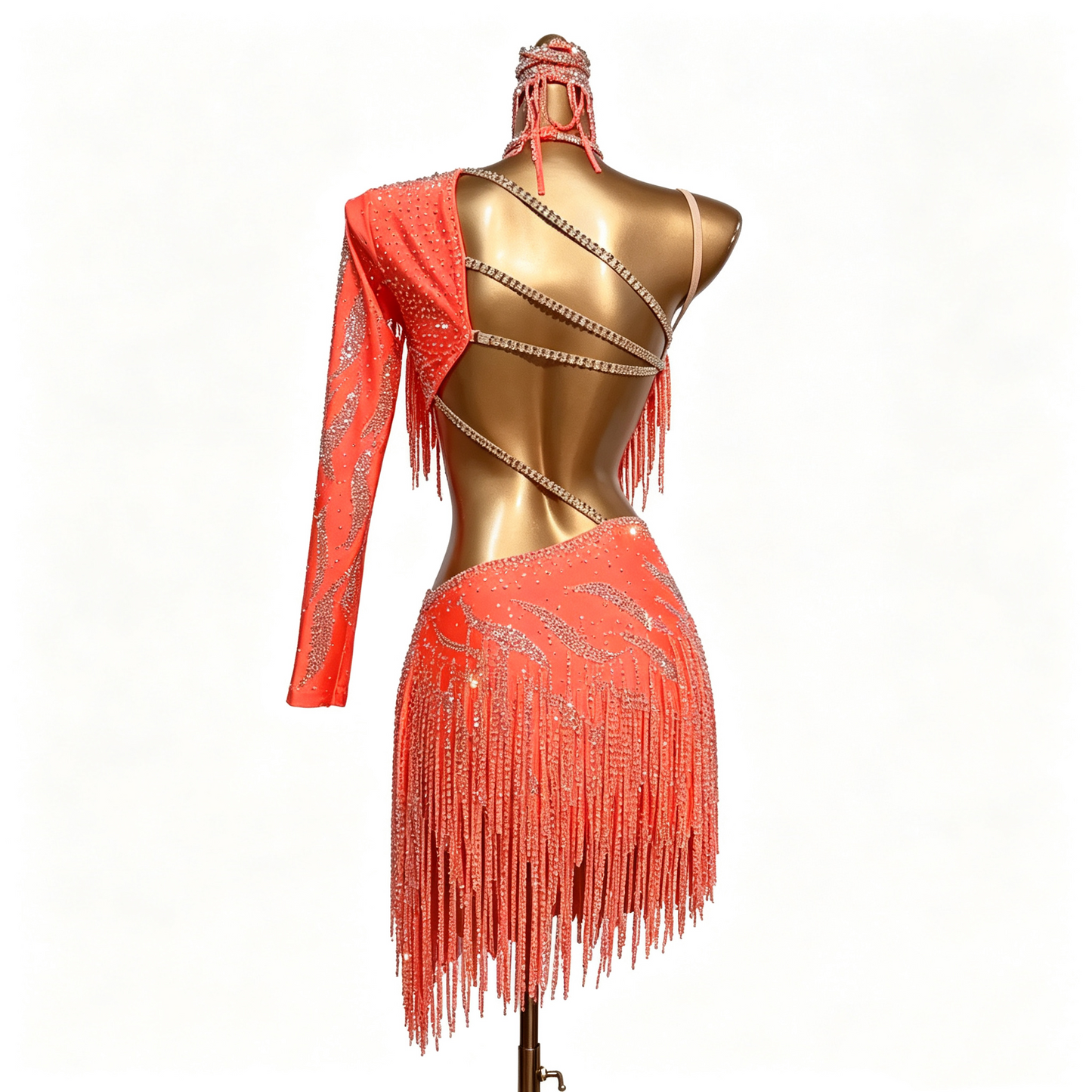 Custom Orange One Sleeve Fringe Cutout Latin Dance Competition Dress