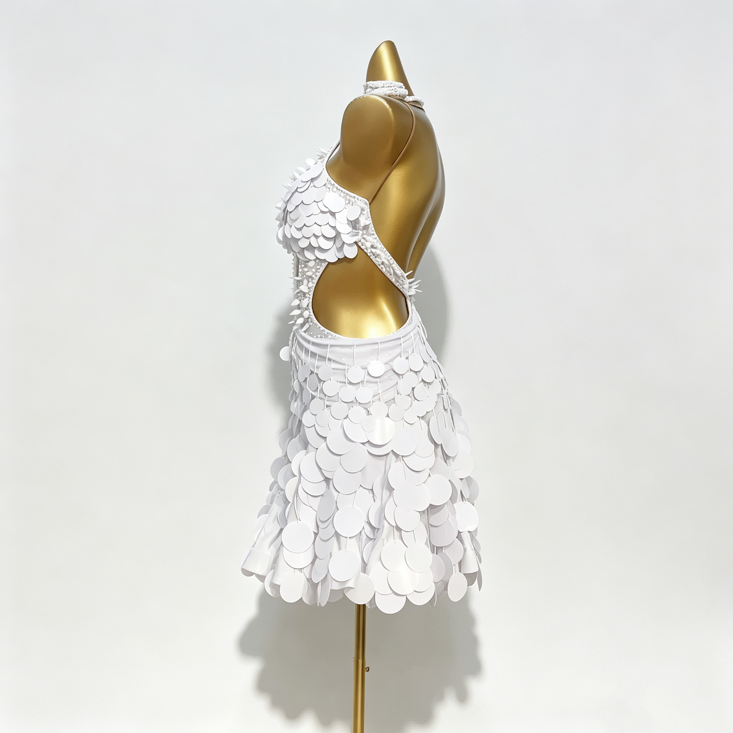 Custom White Disc Sequin Pearl Latin Competition Dress