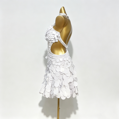 Custom White Disc Sequin Pearl Latin Competition Dress