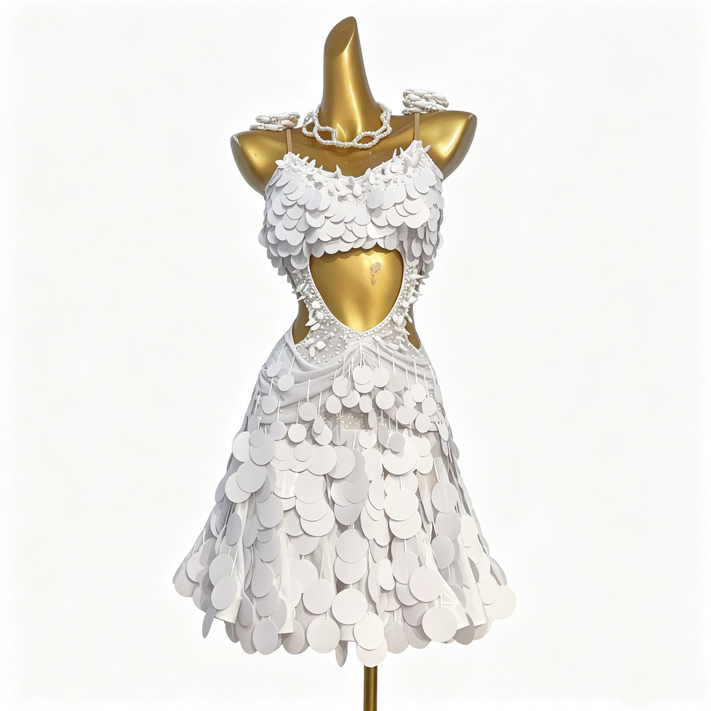 Custom White Disc Sequin Pearl Latin Competition Dress