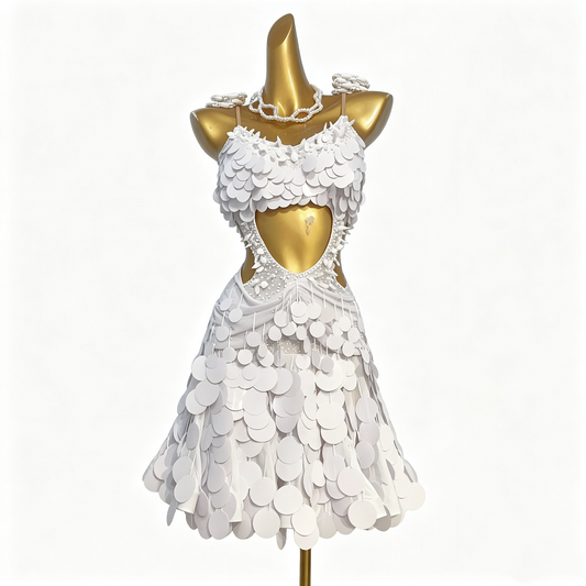 Custom White Disc Sequin Pearl Latin Competition Dress