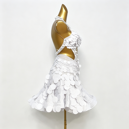Custom White Disc Sequin Pearl Latin Competition Dress