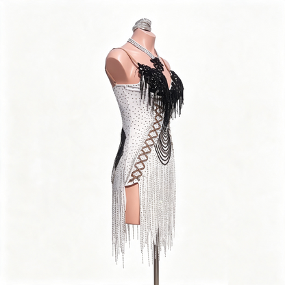 Custom Classic White Black Rhinestone Irregular Fringe Latin Competition Dress