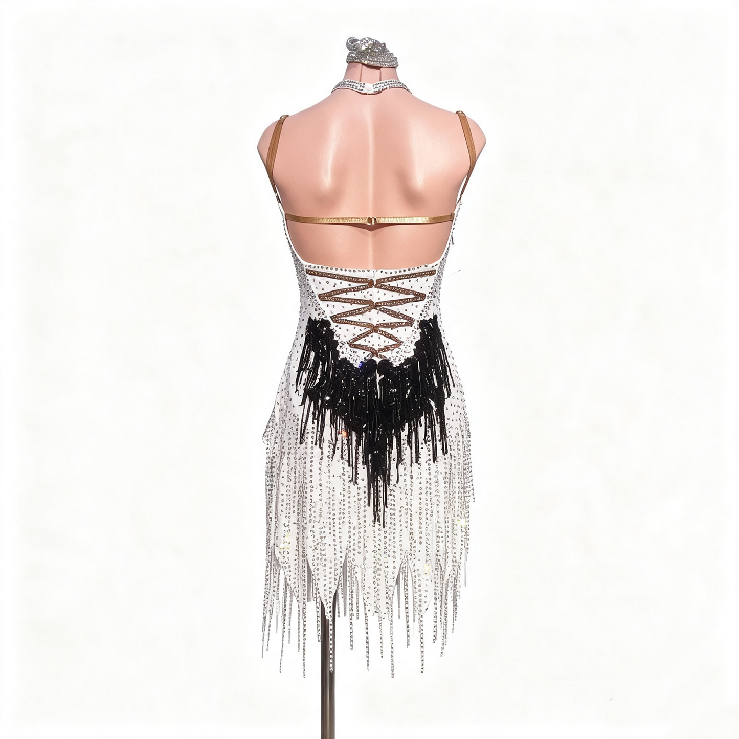 Custom Classic White Black Rhinestone Irregular Fringe Latin Competition Dress
