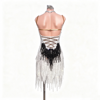 Custom Classic White Black Rhinestone Irregular Fringe Latin Competition Dress
