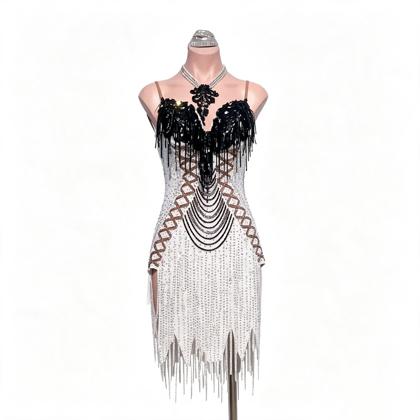 Custom Classic White Black Rhinestone Irregular Fringe Latin Competition Dress