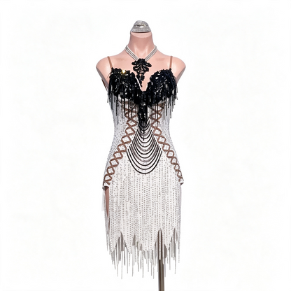 Custom Classic White Black Rhinestone Irregular Fringe Latin Competition Dress