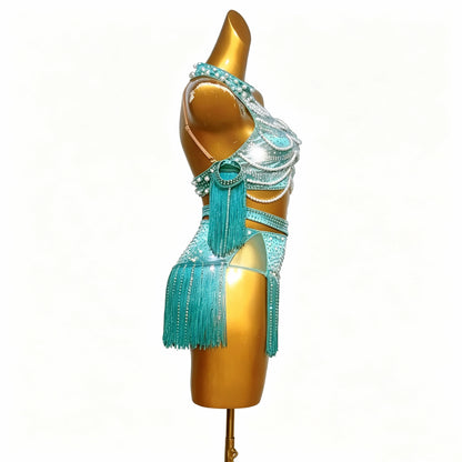 Custom Teal Pearl-Embellished Crystal Fringe Latin Dance Dress