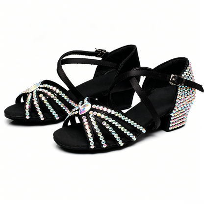 AB Rhinestone Block Heel Satin Latin Dance Shoes