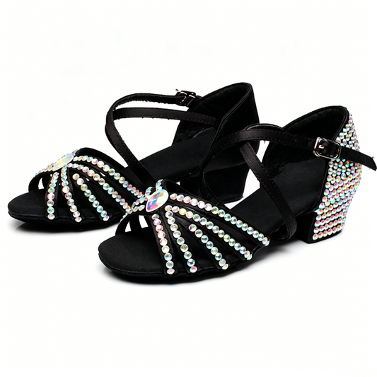 AB Rhinestone Block Heel Satin Latin Dance Shoes