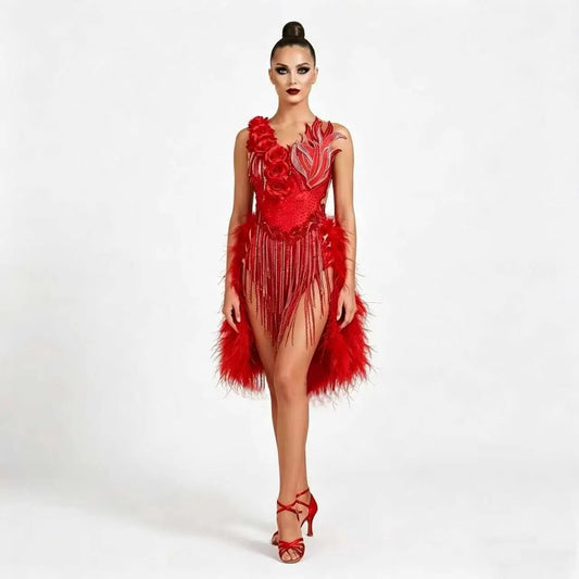 Custom Red Ostrich Feather Latin Competition Dress