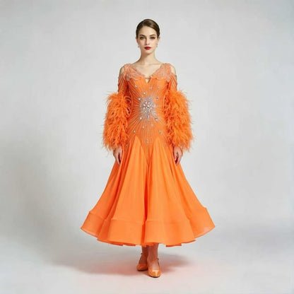 Customizable Feather Sleeve Crystal Ballroom Dance Competition Dress