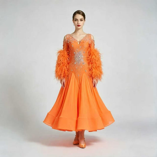 Customizable Feather Sleeve Crystal Ballroom Dance Competition Dress