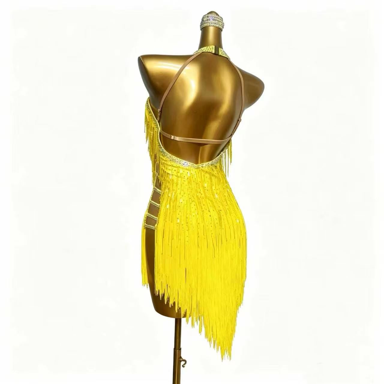 Custom Yellow Halter Fringe Latin Competition Dress