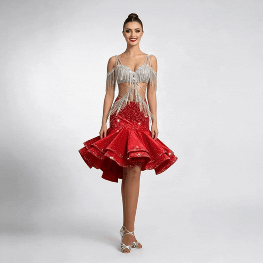 Custom Stage Ignite Fringe Rhinestone Latin Competition Dress