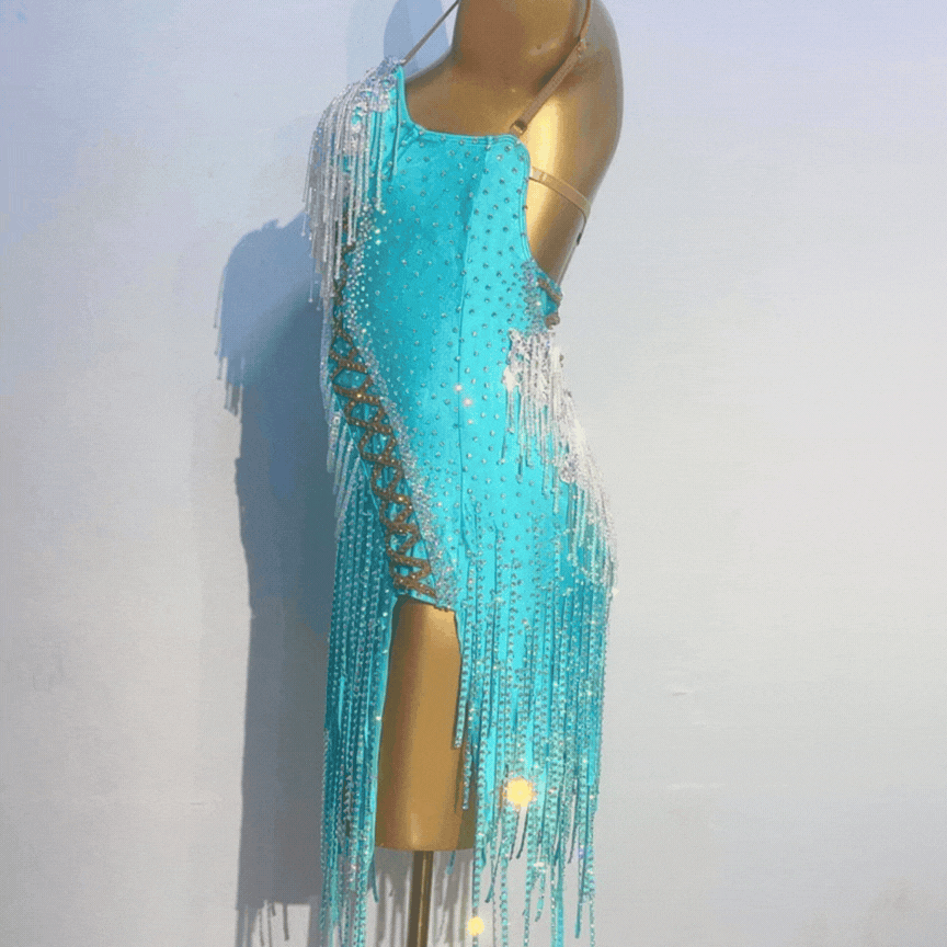 Customisable Light Blue Ornate Tassel Latin Dance Competition Dress