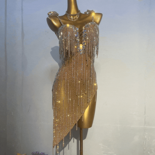 Customisable Gold Champagne Crystal Fringe Latin Dance Competition Dress