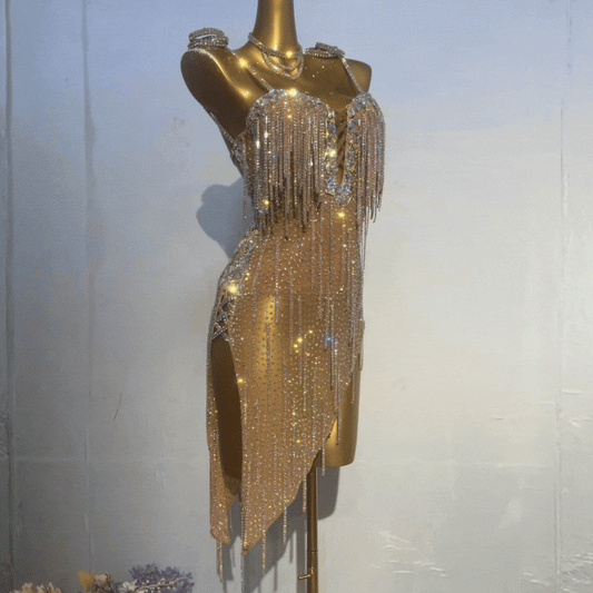 Customisable Gold Champagne Crystal Fringe Latin Dance Competition Dress