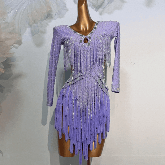 Customisable Lilac Sparkle Fringe Latin Performance Gown