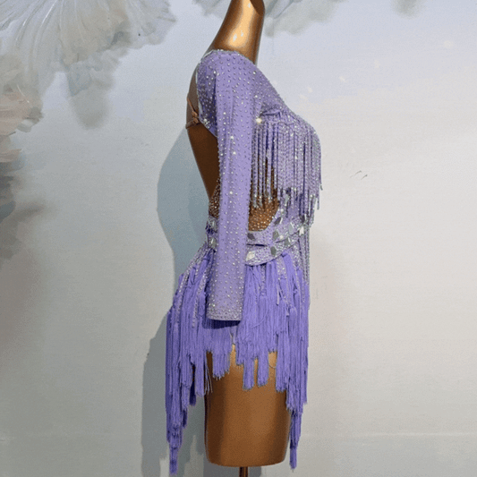 Customisable Lilac Sparkle Fringe Latin Performance Gown