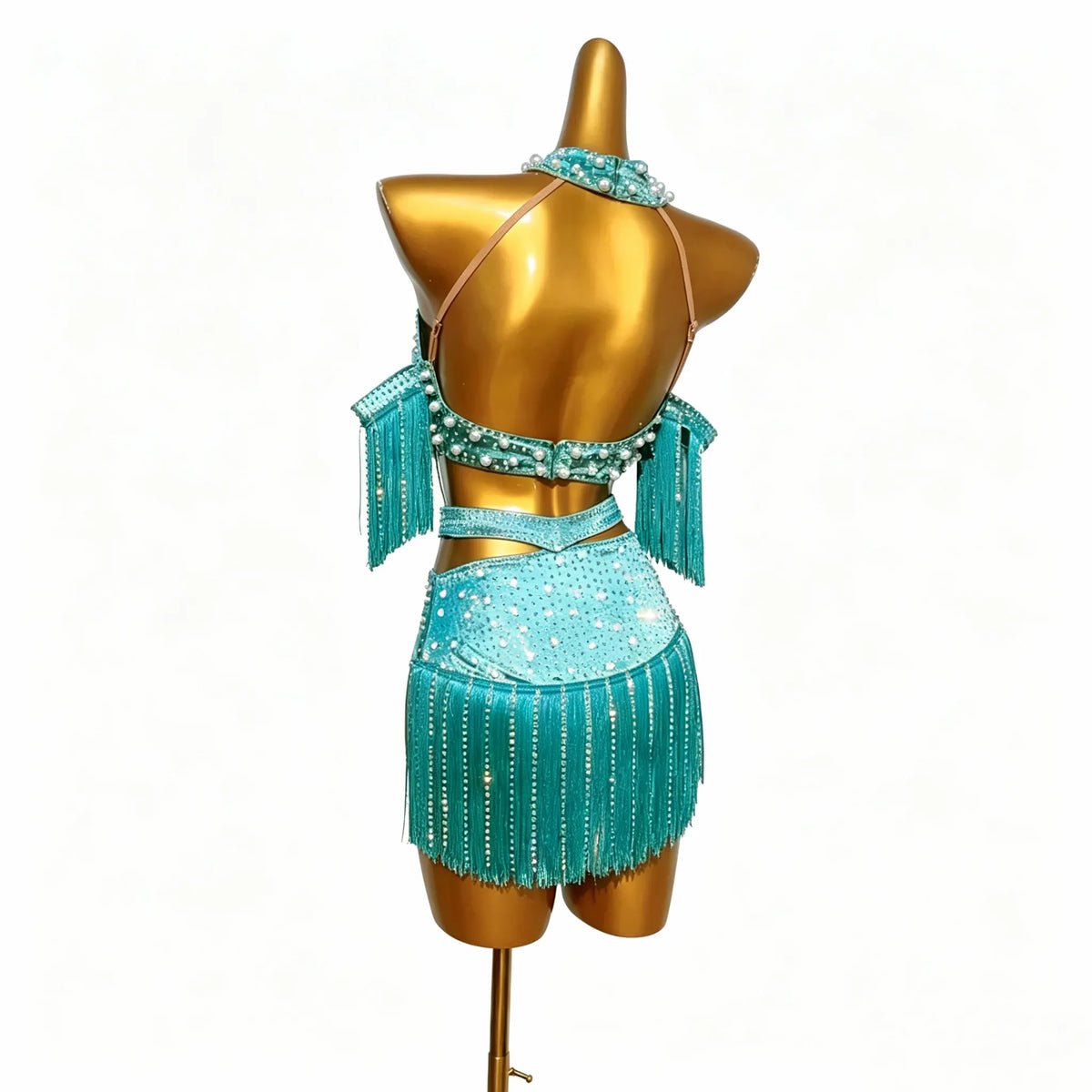 Custom Teal Pearl-Embellished Crystal Fringe Latin Dance Dress