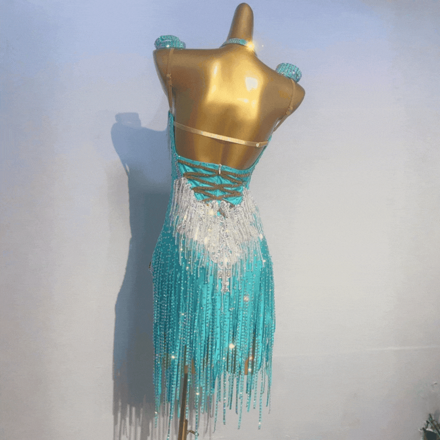 Customisable Light Blue Ornate Tassel Latin Dance Competition Dress