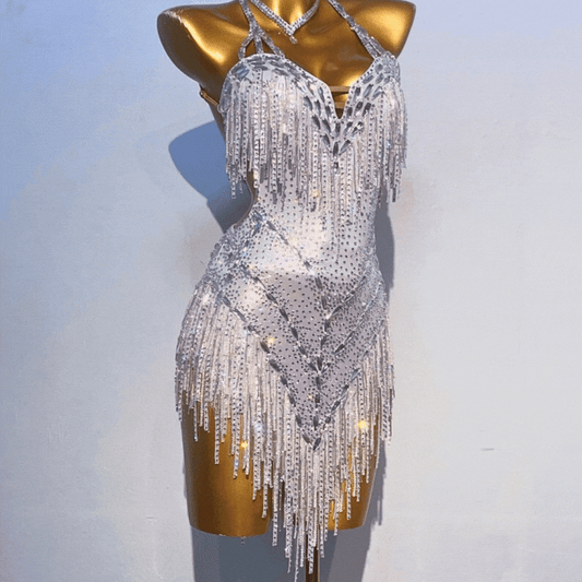 Customisable White Silver Glow Latin Dance Competition Dress