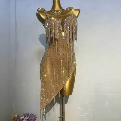 Customizable Gold Champagne Crystal Fringe Latin Dance Competition Dress
