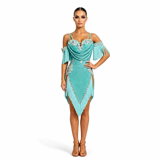 Custom Turquoise Off Shoulder Pearl Rhinestone Fringe Latin Competition Dress