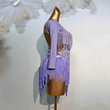 Customizable Lilac Sparkle Fringe Latin Performance Dress