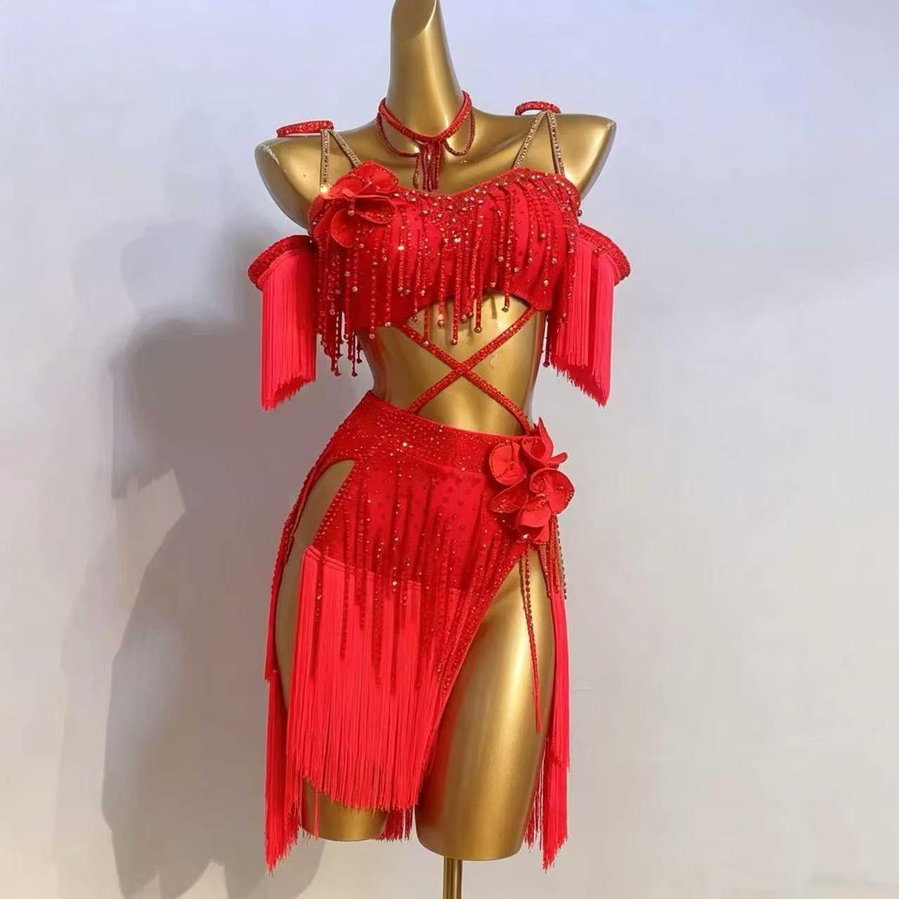 Customizable Crisscross Floral Fringe Latin Dance Competition Dress
