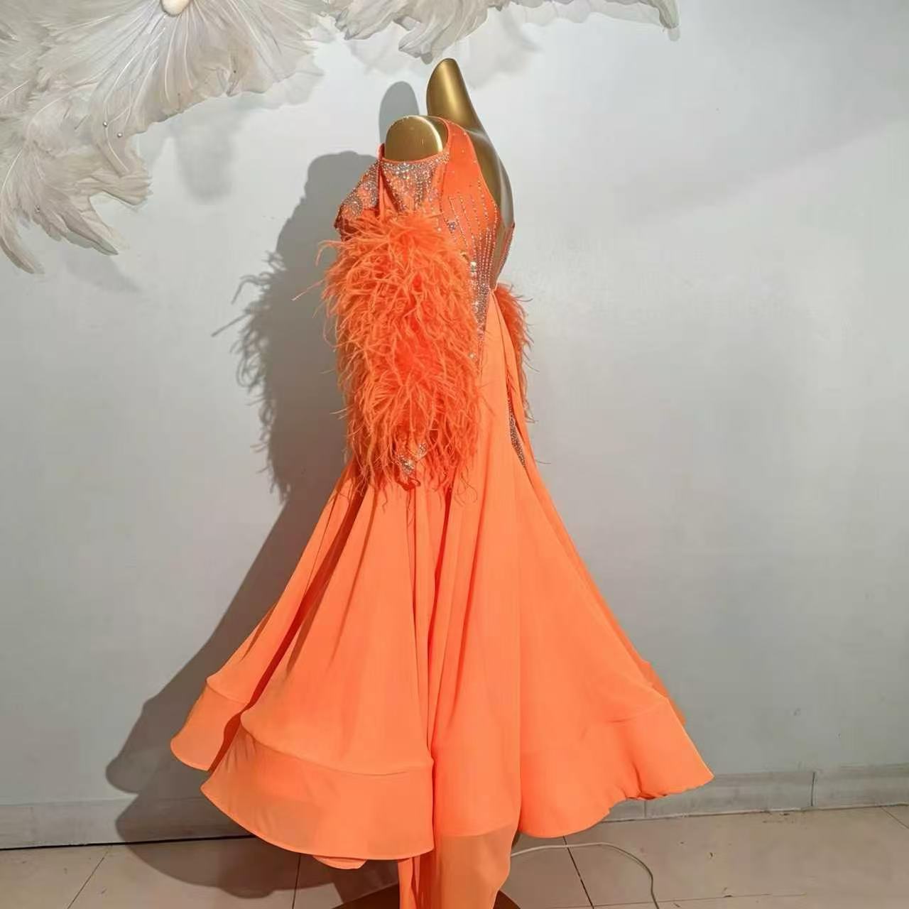 Customizable Feather Sleeve Crystal Ballroom Dance Competition Dress