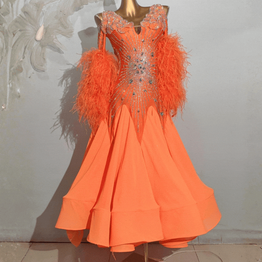 Customisable Feather Sleeve Crystal Ballroom Dance Competition Dress