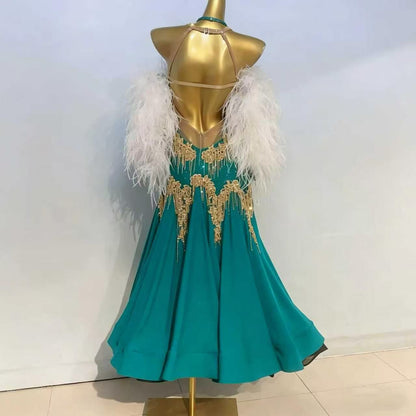 Custom Green Feather Sleeve Gold Crystals Ballroom Smooth Dance Dress