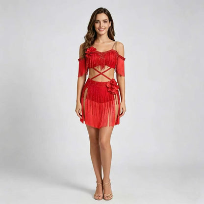 Customizable Crisscross Floral Fringe Latin Dance Competition Dress