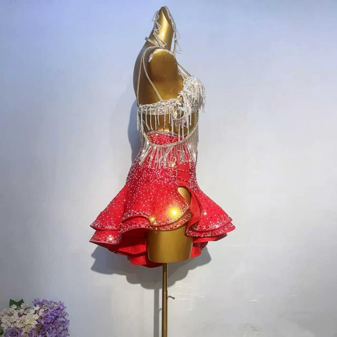 Custom Stage Ignite Fringe Rhinestone Latin Competition Dress