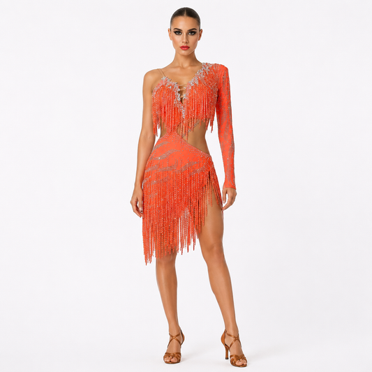 Custom Orange One Sleeve Fringe Cutout Latin Dance Competition Dress