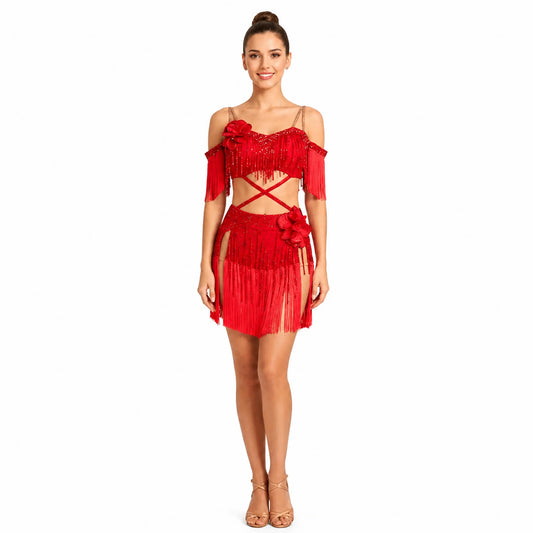Customizable Crisscross Floral Fringe Latin Dance Competition Dress