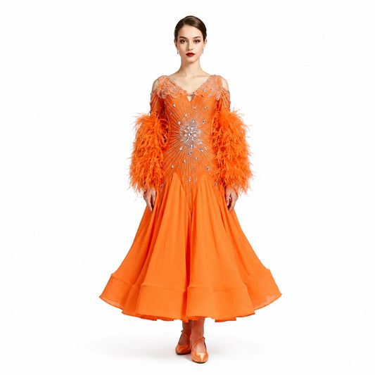 Customizable Feather Sleeve Crystal Ballroom Dance Competition Dress