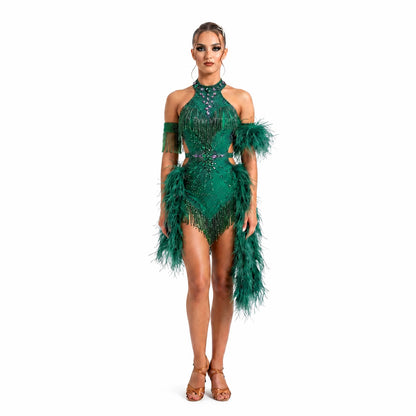 Custom Green Feather Halter Latin Dance Dress with Rhinestones